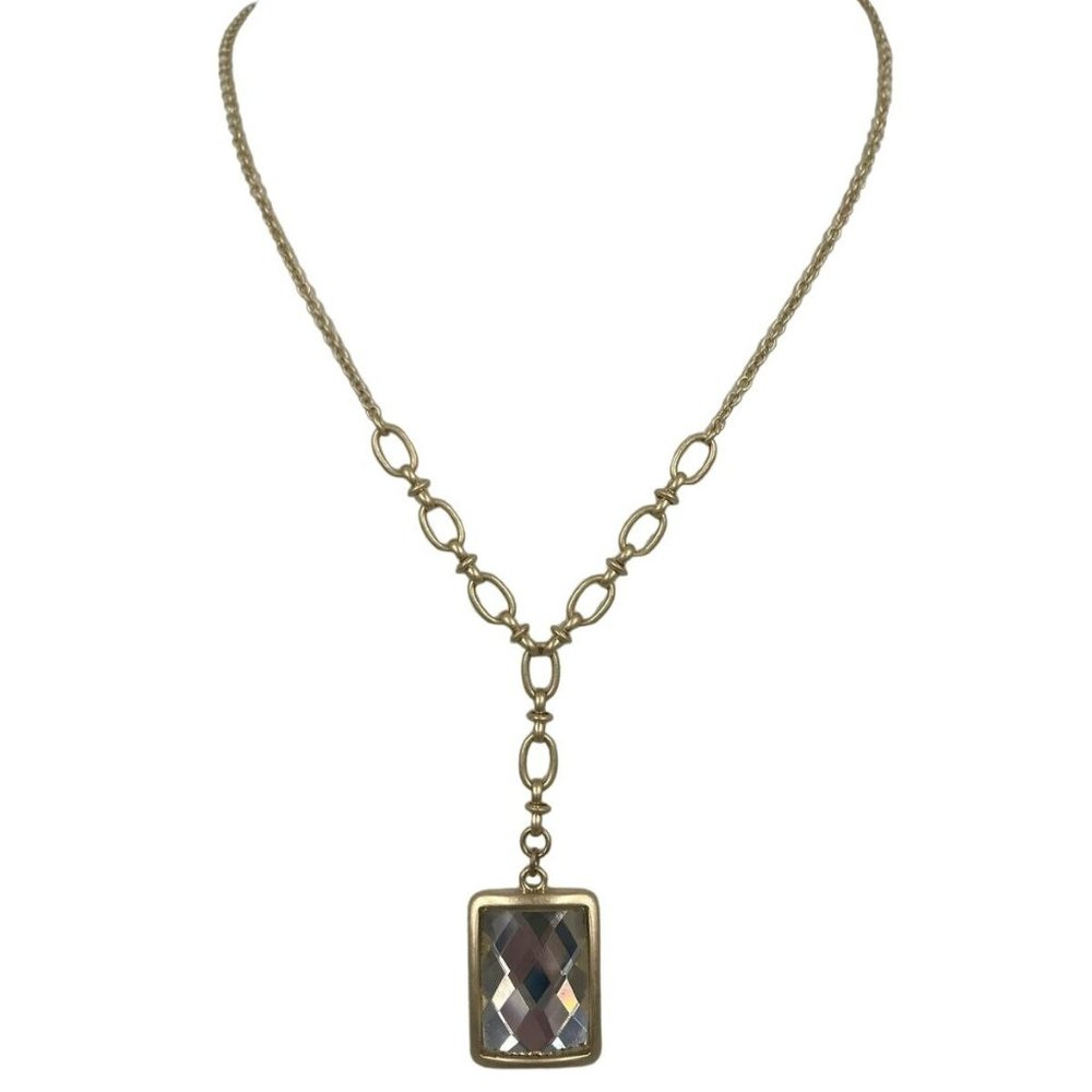 SAQ Gold Tone‎ Faceted Emerald Cut Clear Lucite Necklace 18"